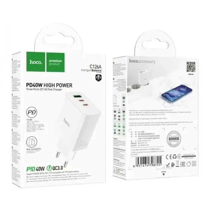 Мережевий зарядний пристрій адаптер HOCO C126A Pure 1 USB/2Type-C, 40 W, підтримка швидкого заряджання PD/QC/FCP/AFC - фото 7