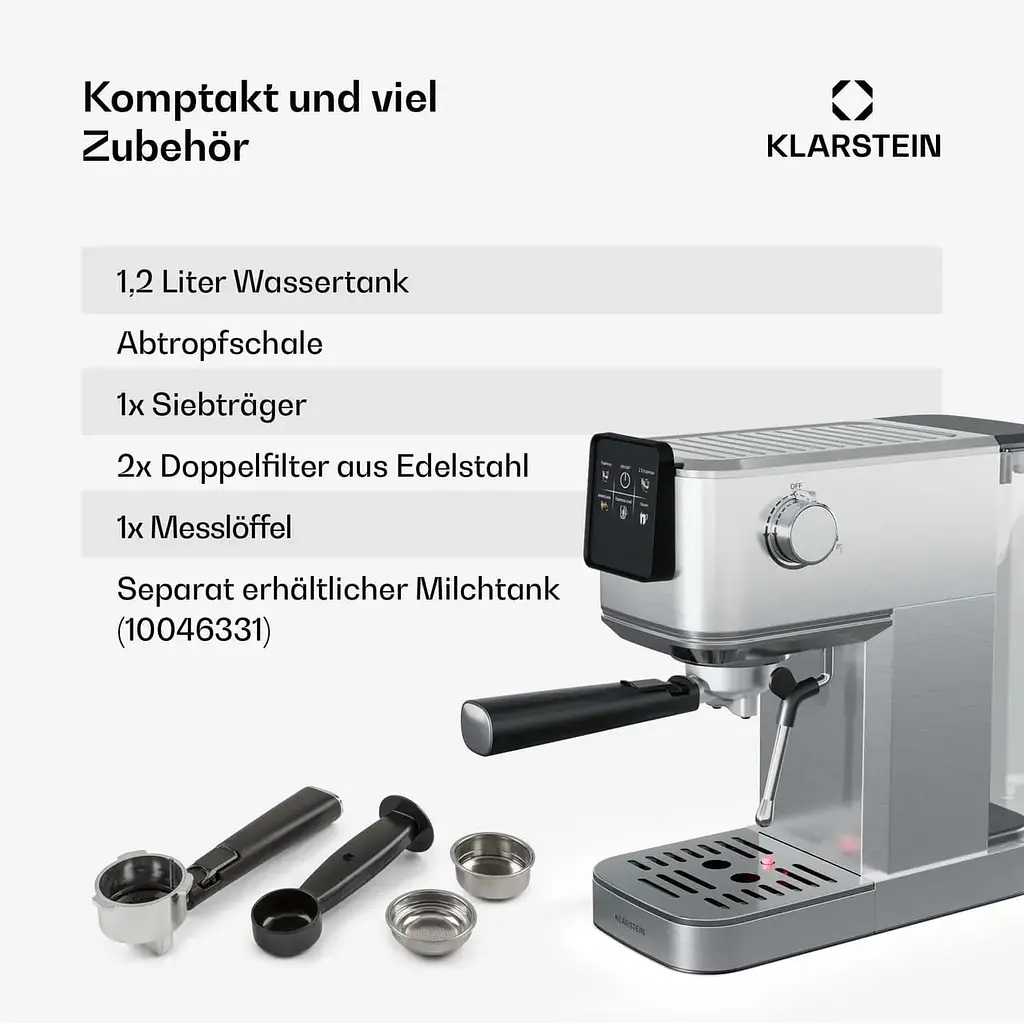 Кофеварка Klarstein SteelPresso Slim 1350 W 20 бар (10046328) - фото 2