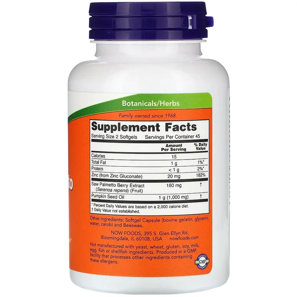 Со Пальметто Now Foods Saw Palmetto чоловіче здоров'я з маслом насіння гарбуза і цинком 160 мг 90 капсул - фото 2
