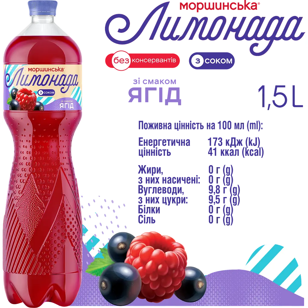 Напій Моршинська Лимонада Ягоди середньогазований 1.5 л - фото 6