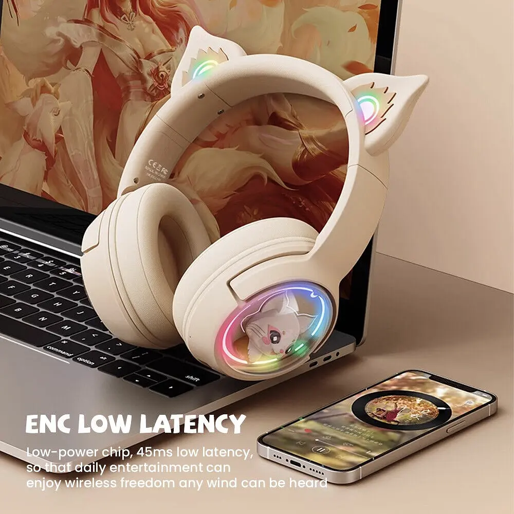 Детские игровые беспроводные Bluetooth наушники Onikuma B5 c RGB подсветкой и встроенным микрофоном Бежевый - фото 6