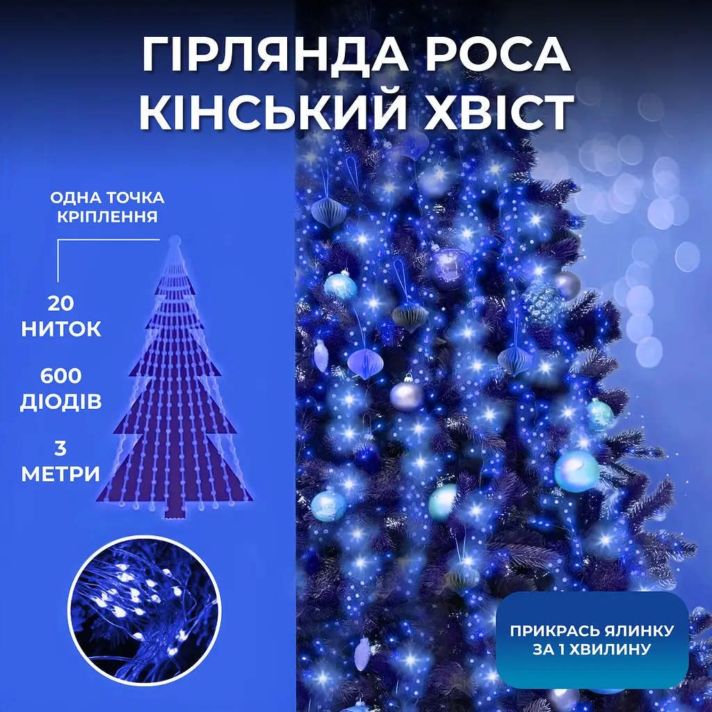 Гирлянда GarlandoPro Конский хвост 600 LED 20 нитей длина 3 м, синий (1733014BL) - фото 1