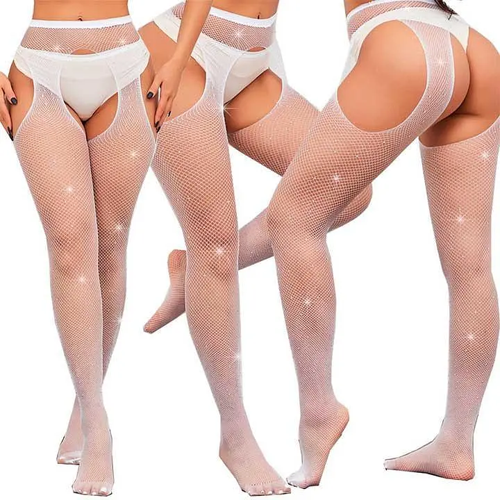 Колготки з вирізами та стразами еротичні блискучі Very Sexy One size білий - фото 6