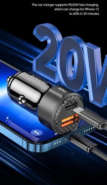 Зарядний для машини - Автоадаптер Toocki 50W PD3.0+QC3.0 1U (30 W) + 1C (20 W) TQ-CC25 - фото 3