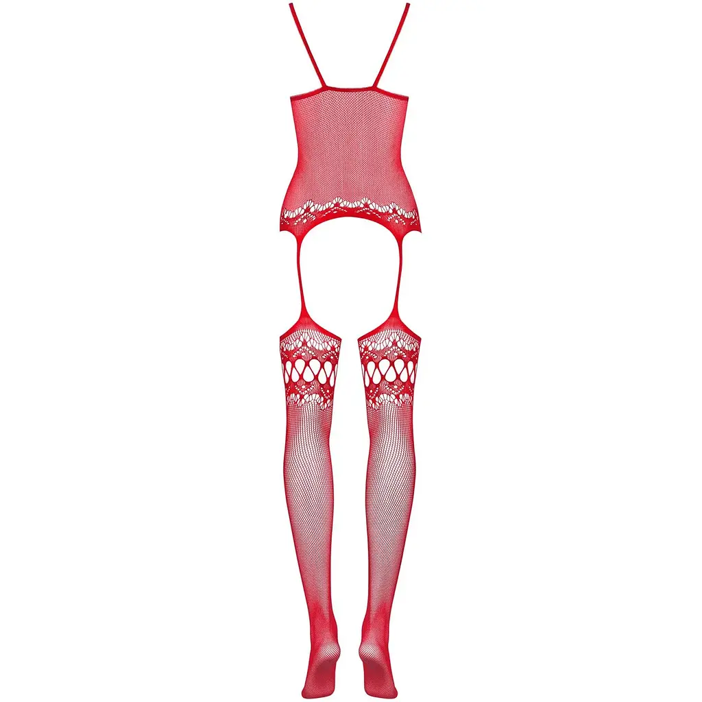 Бодістокінг Obsessive Bodystocking F214 Red S/M/L, імітація корсета та панчіх на підв’язках - фото 6