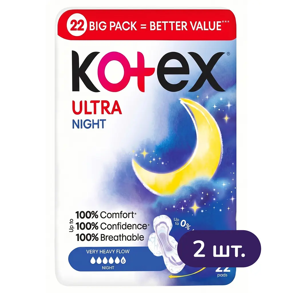 Гігієнічні прокладки Kotex Ultra Night 44 шт. (2 п. x 22 шт.) - фото 2