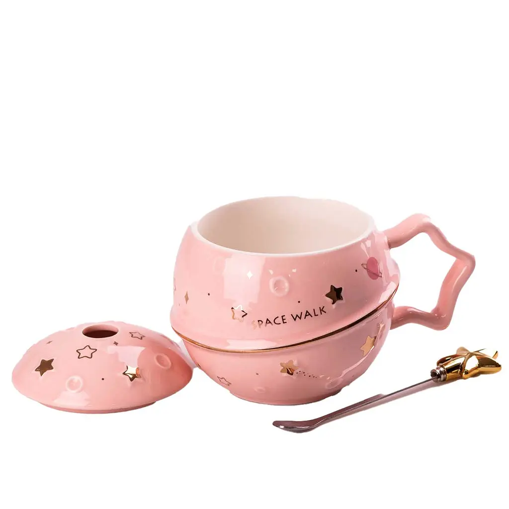 Чашка керамическая Happy Life Space Walk с крышкой и ложкой розовая 400 мл HP8226P - фото 2
