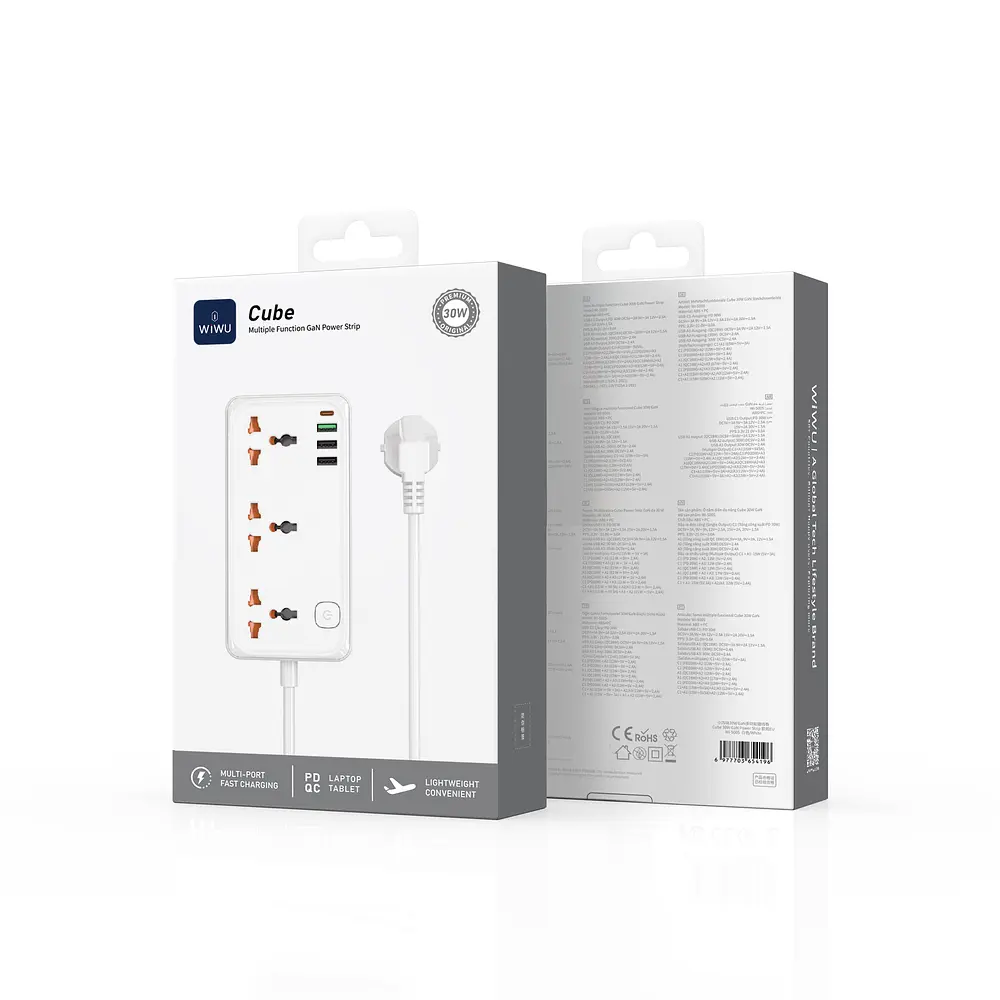 Мережевий подовжувач WIWU 30W Cube Multiple Function GaN Power Strip 1C3A+3 sockets Wi-S005 EU White (6977703654196) - фото 2