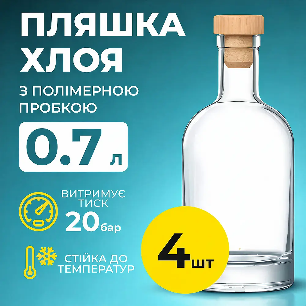 Пляшка "Хлоя" для напоїв 0,7л (скло) із пробкою (4 шт) - фото 2