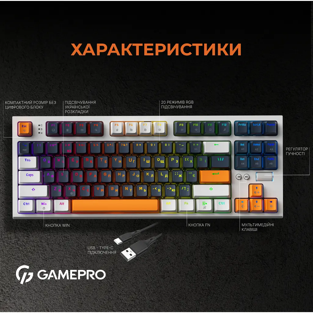 Клавіатура GamePro MK180W Hot-Swap Red Swich RGB USB UA White (MK180W) - фото 7