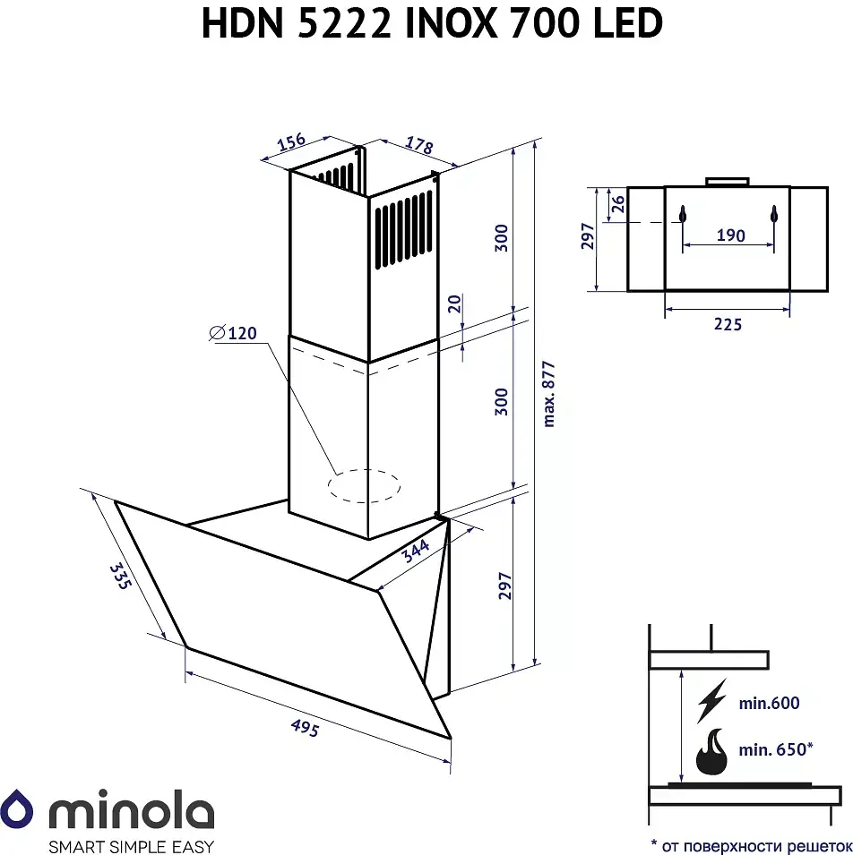 Вытяжка декоративная наклонная Minola HDN 5222 WH/INOX 700 LED - фото 12