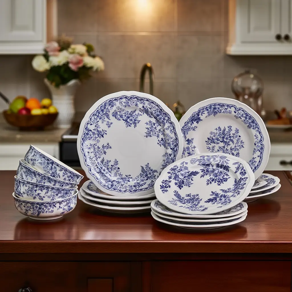 Столовый набор посуды тарелок 16 штук на 4 персоны Bissi фарфоровый Синий Yiwu YY78-1A - фото 7