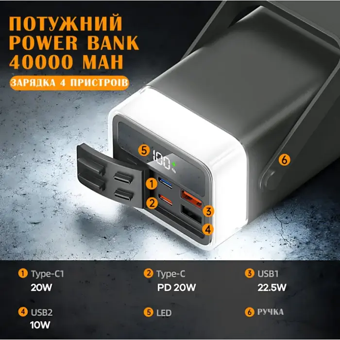Зовнішній акумулятор Power Bank LENYES PX492D, 40000 мА·год, швидка зарядка PD 22.5W, RGB підсвітка, чорний - фото 2