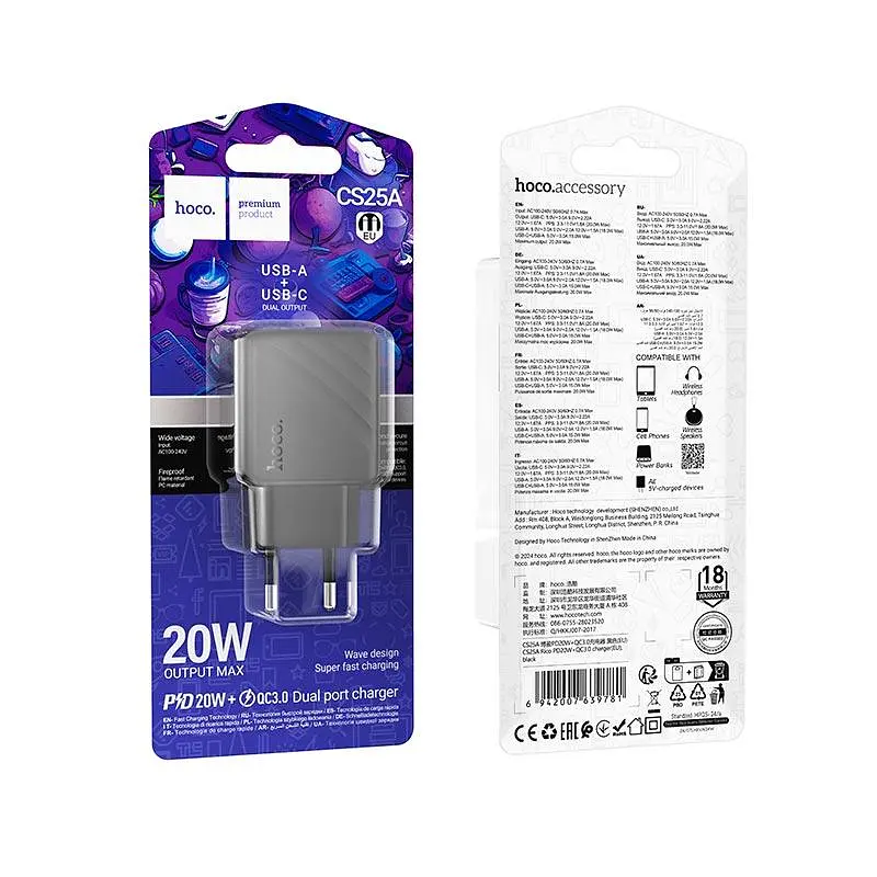 Адаптер сетевой HOCO Rico charger CS25A 1USB/1Type-C, 20W/3A - фото 2