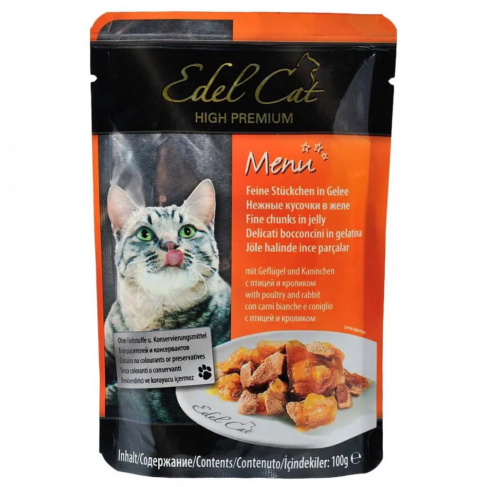 Вологий корм для котів Edel Cat pouch 100 г (птах та кролик у желе) - фото 1