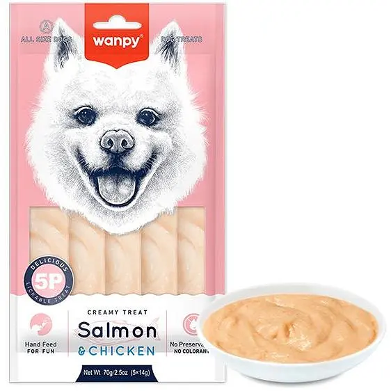 Ласощі для собак Wanpy Creamy Lickable Treat Salmon&Chicken 5 стіків по 14 г з лососем та куркою - фото 1