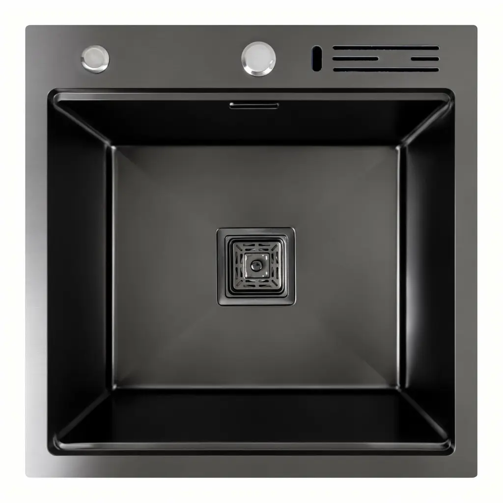 Кухонна мийка 50x50 PVD чорна Platinum Handmade з підставкою для ножів, Чорний - фото 6
