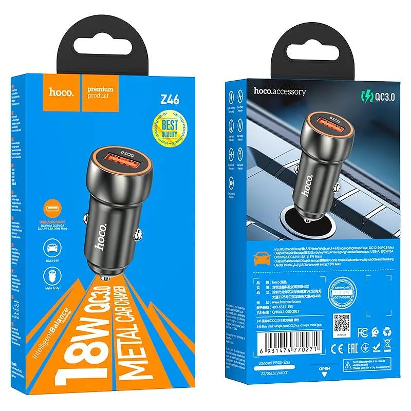 Автомобільний зарядний пристрій Hoco Z46 Синій shield single port QC3.0 car charger Темно-сірий - фото 3