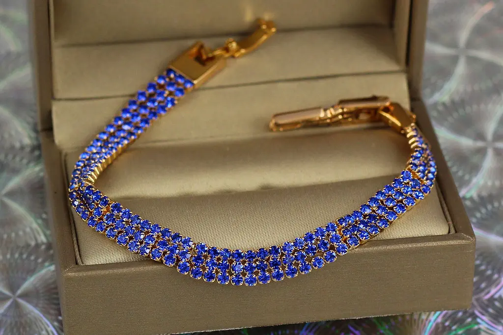 Браслет Xuping Jewelry три доріжки із синіх каменів 18.5 см 8 мм золотистий