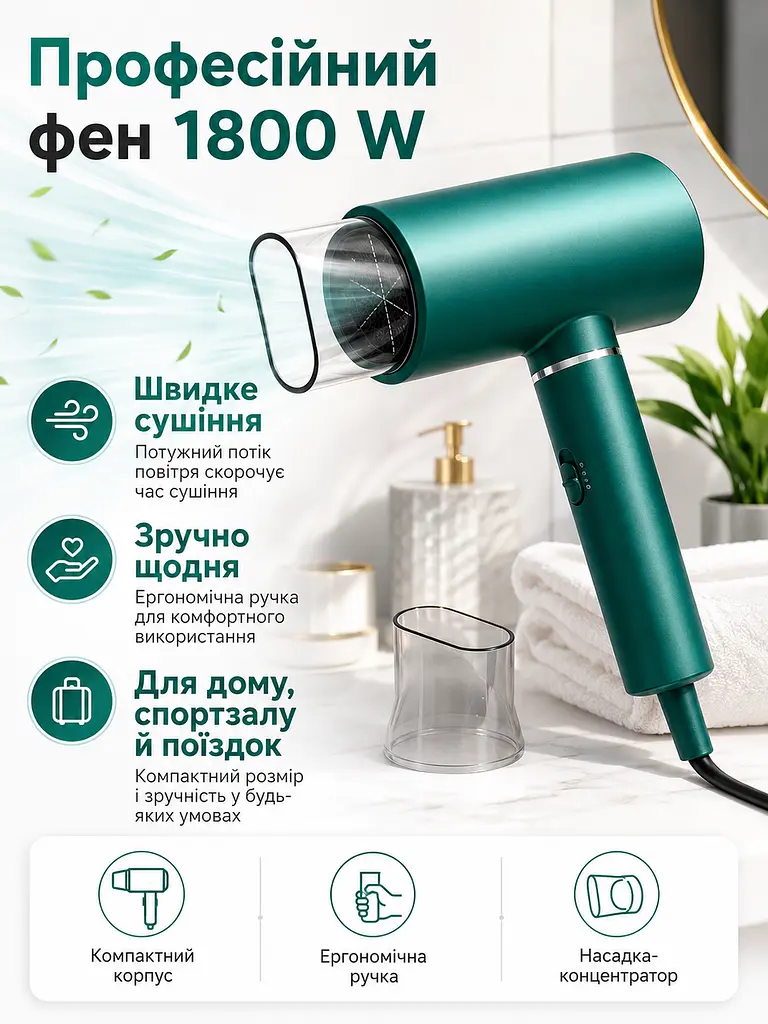 Професійний фен зелений 1800 W з холодним обдувом, іонізацією та насадкою-концентратором (49675926) - фото 2