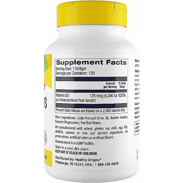 Витамин Д3 Healthy Origins Vitamin D3 in MCT Oil 5000 МЕ 120 гелевых капсул - фото 2