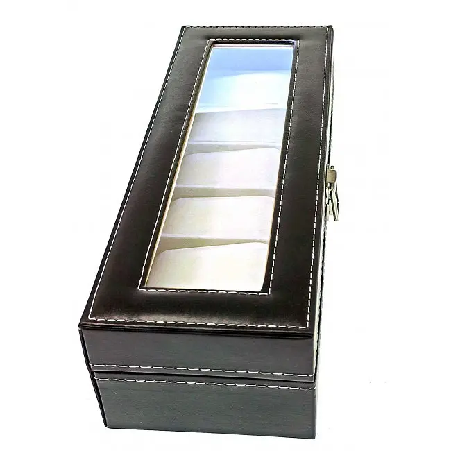 Шкатулка для годинників гладка чорна шкіра 30.5х11х8 см (30775) - фото 2