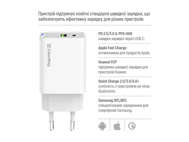 Мережевий зарядний пристрій ColorWay GaN Mini 45 W White (CW-CHS060PD-WT) - фото 4