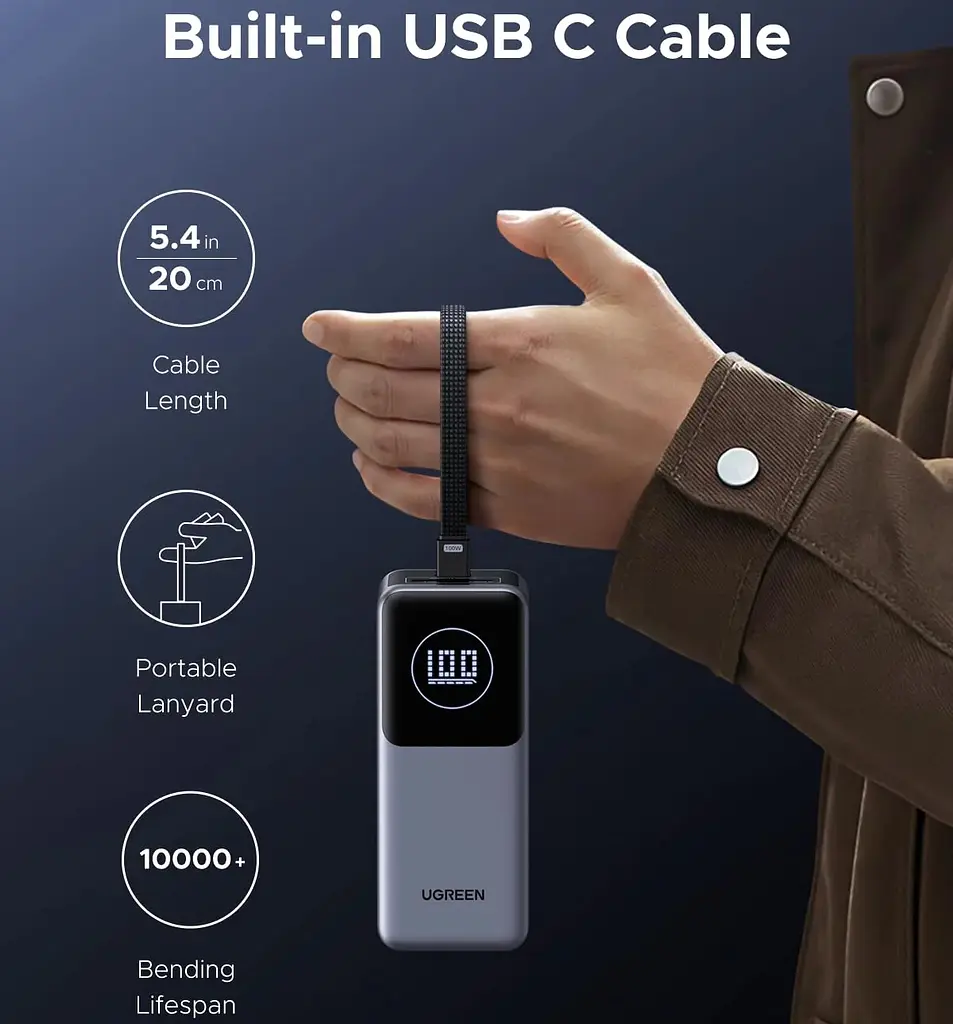 УМБ Ugreen 20000mAh 130W PD/QC, USB-A, USB-С In/Out with built-in USB-C cable (PB723) Gray - фото 3