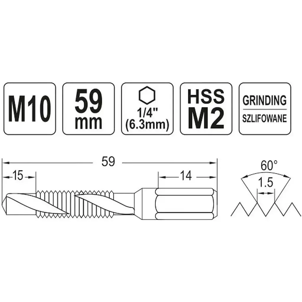 Сверло-метчик Yato М10х1.5 мм HSS М2 HEX-1/4 l=59/15 мм (YT-44847) - фото 4