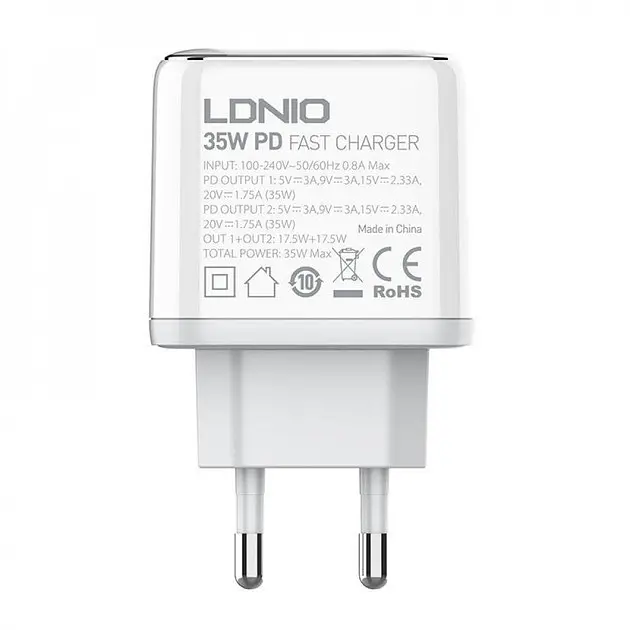 Зарядное устройство блок-адаптер питания Ldnio A2528C 35 W 2 порта USB-C белое - фото 5