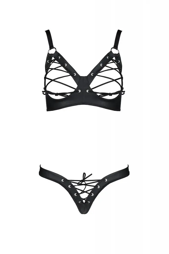 Комплект из экокожи: открытый бра с лентами Passion Celine Bikini, стринги со шнуровкой, 6XL/7XL, черный - фото 3
