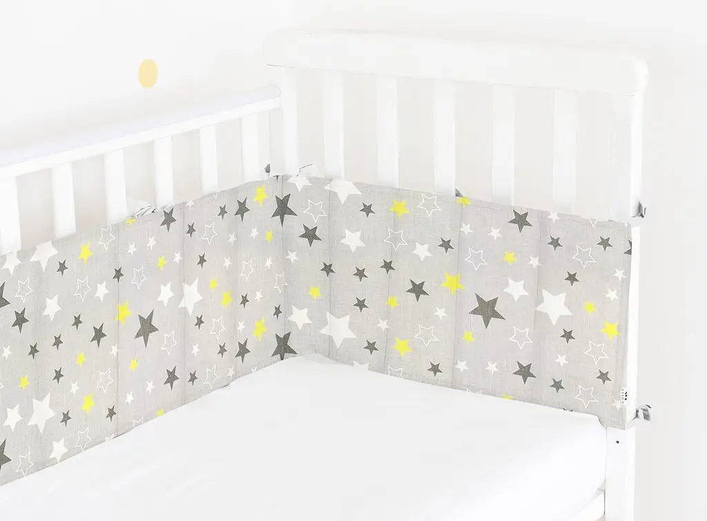 Бортики в детскую кроватку 30x120 YELLOW STARS, серый (WeltBed_StarYellowGrey_Grey_30x120) - фото 2