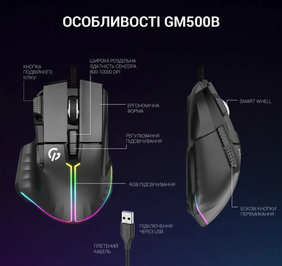 Игровая мышь GamePro GM-500 Black RGB USB, 8 кнопок, 10000 DPI - фото 4