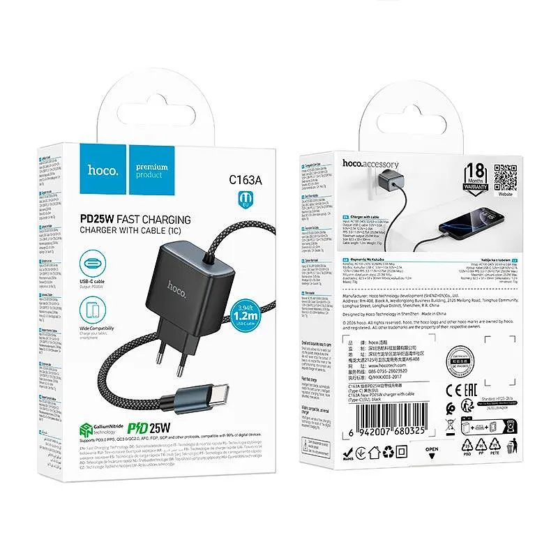 Адаптер мережевий HOCO New charger with Type-C cable C163A 25W/3A, PD3.0/QC - фото 2