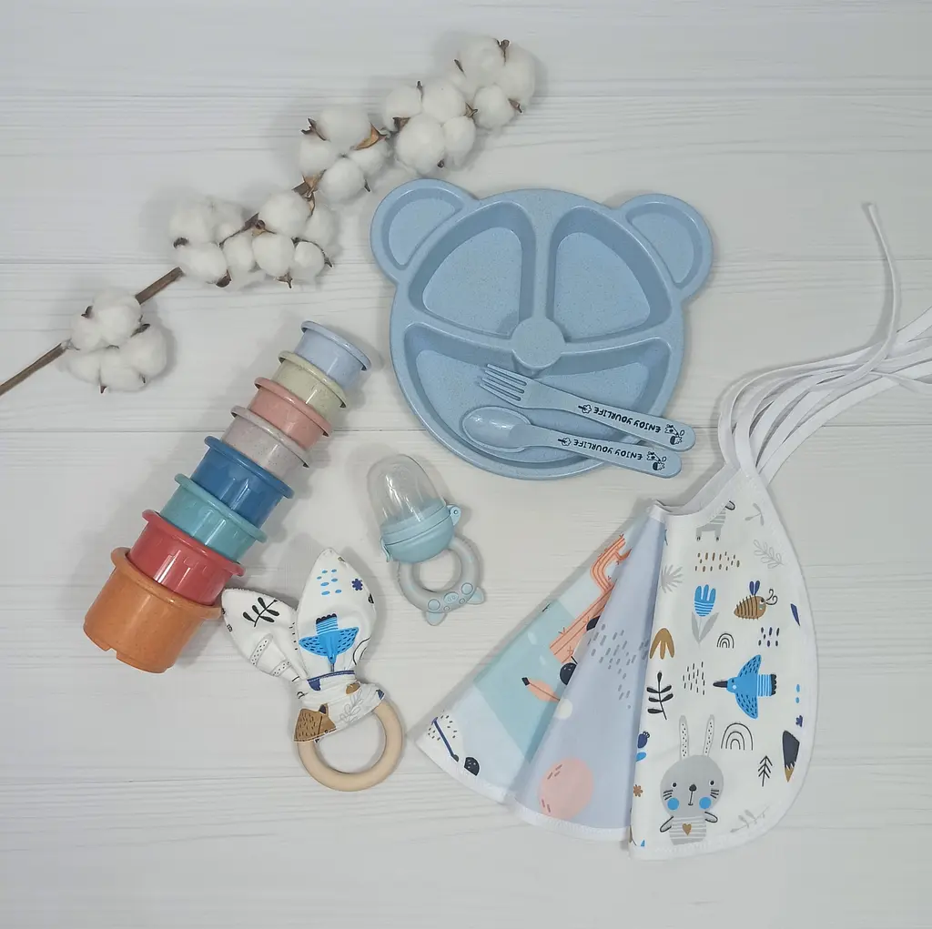 Набір дитячий з тарілочкою, ніблером, пірамідкою a.l.babybox Блакитний