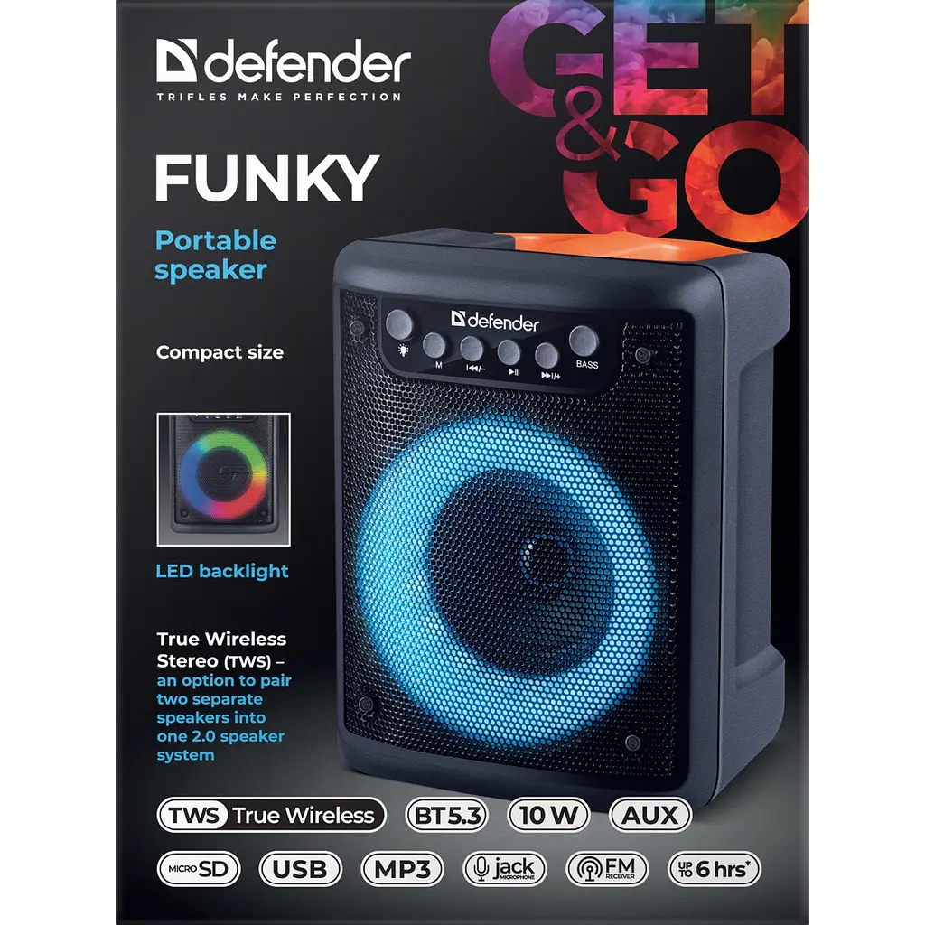 Акустична система 1.0 Defender Funky 10Вт, Light/BT/FM/USB/MIC/AUX - фото 6