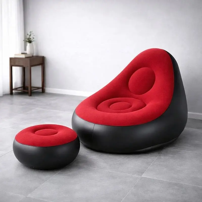 Надувне садове крісло з пуфиком Air Sofa Comfort велюрове 110 × 100 × 75 см  вініл з вологостійким флокованим покриттям Червоний  - фото 5