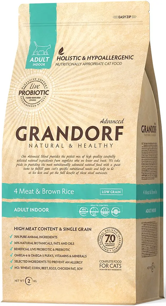 Сухий корм Grandorf 4 Meat & Brown Rice Adult Indoor для дорослих кішок 4 види м'яса з рисом 2 кг (5404009589026)