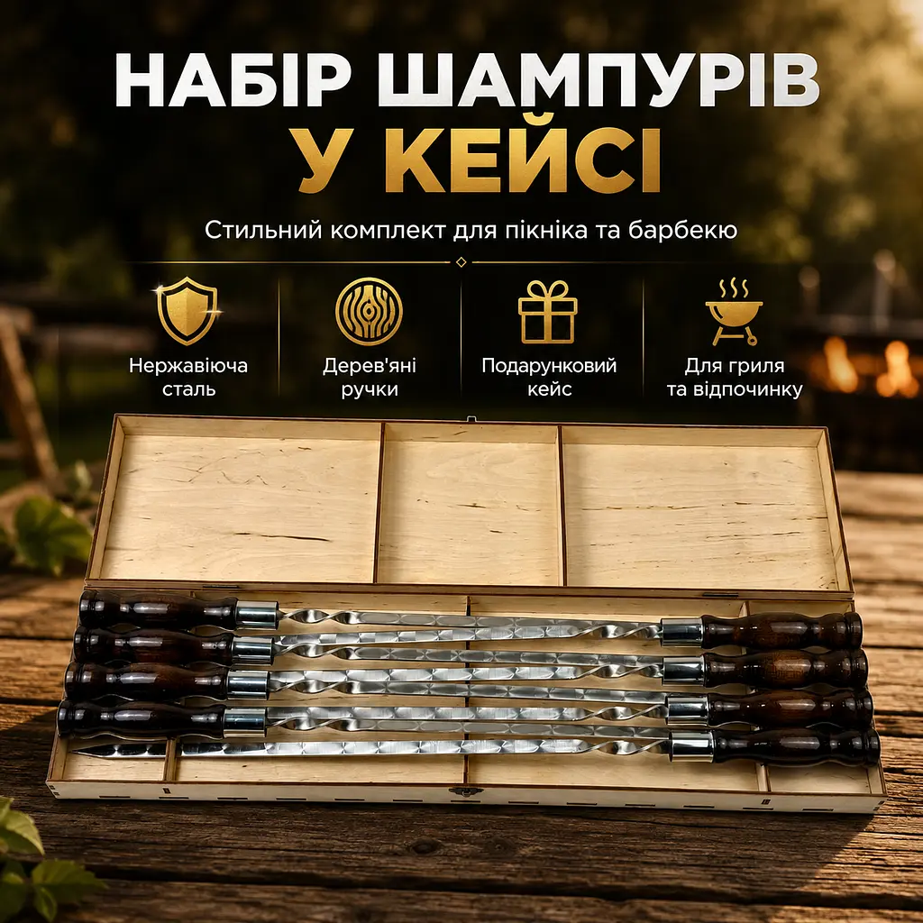 Набір шампурів у кейсі на 8 шт з нержавіючої сталі, товщина 3 мм, дерев’яні ручки - фото 2