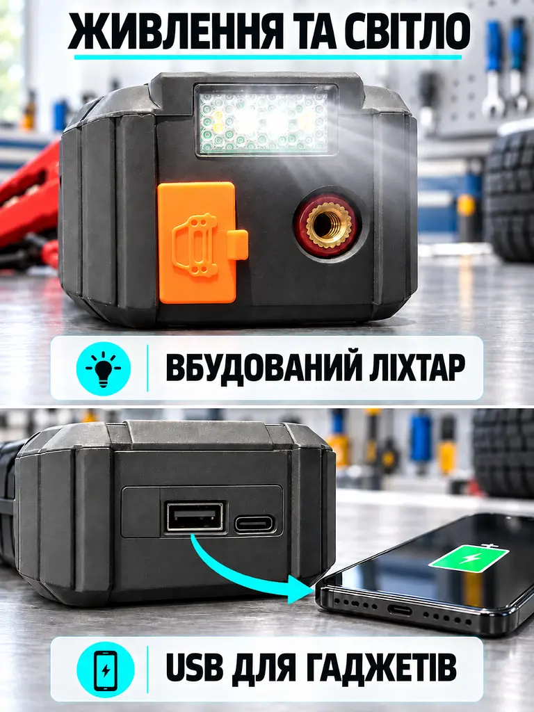 Автомобільний пусковий пристрій з компресором 4 в 1 150 PSI для автомобіля Чорний (37261536) - фото 9