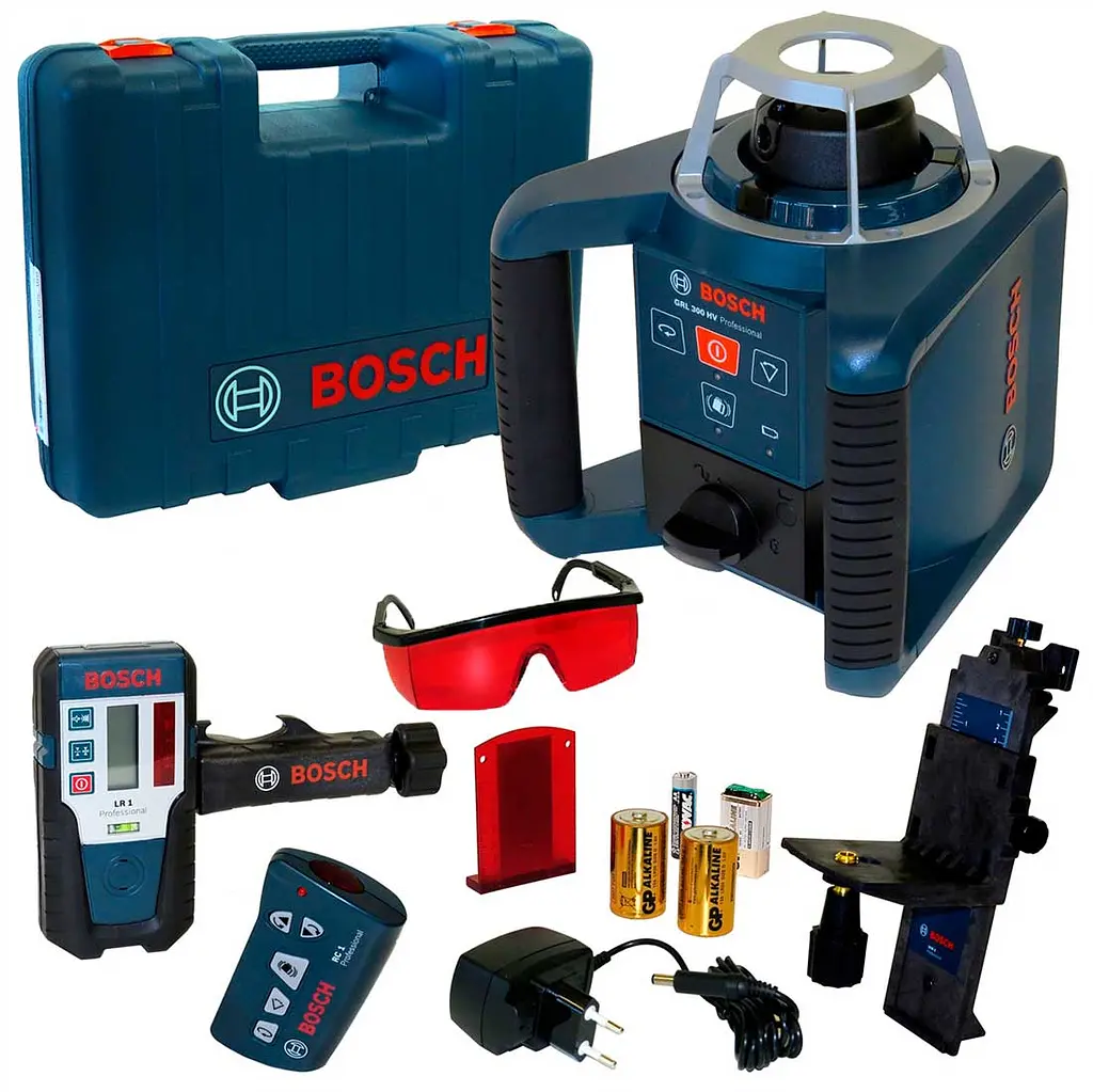 Ротаційний лазерний нівелір Bosch Professional GRL 300 HV в чемодані з приймачем LR1, пультом RC1, тримачем WM 4, з/у, окулярами, мішенню
