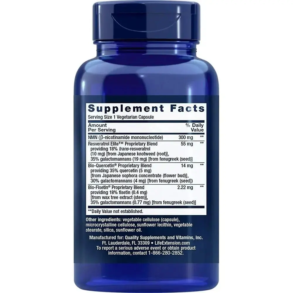 Нікотинамід з ресвератролом Life Extension NMN Nicotinamide Mononucleotide with Resveratrol Elite 30 вегетаріанських капсул - фото 2