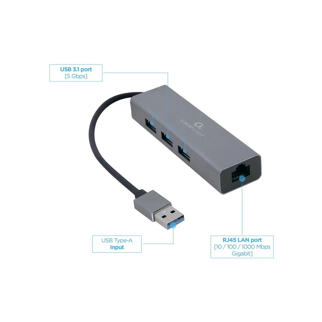 Адаптер USB-A to Gigabit Ethernet, 3 Ports USB 3.1 Gen1 Cablexpert (A-AMU3-LAN-01) - фото 3