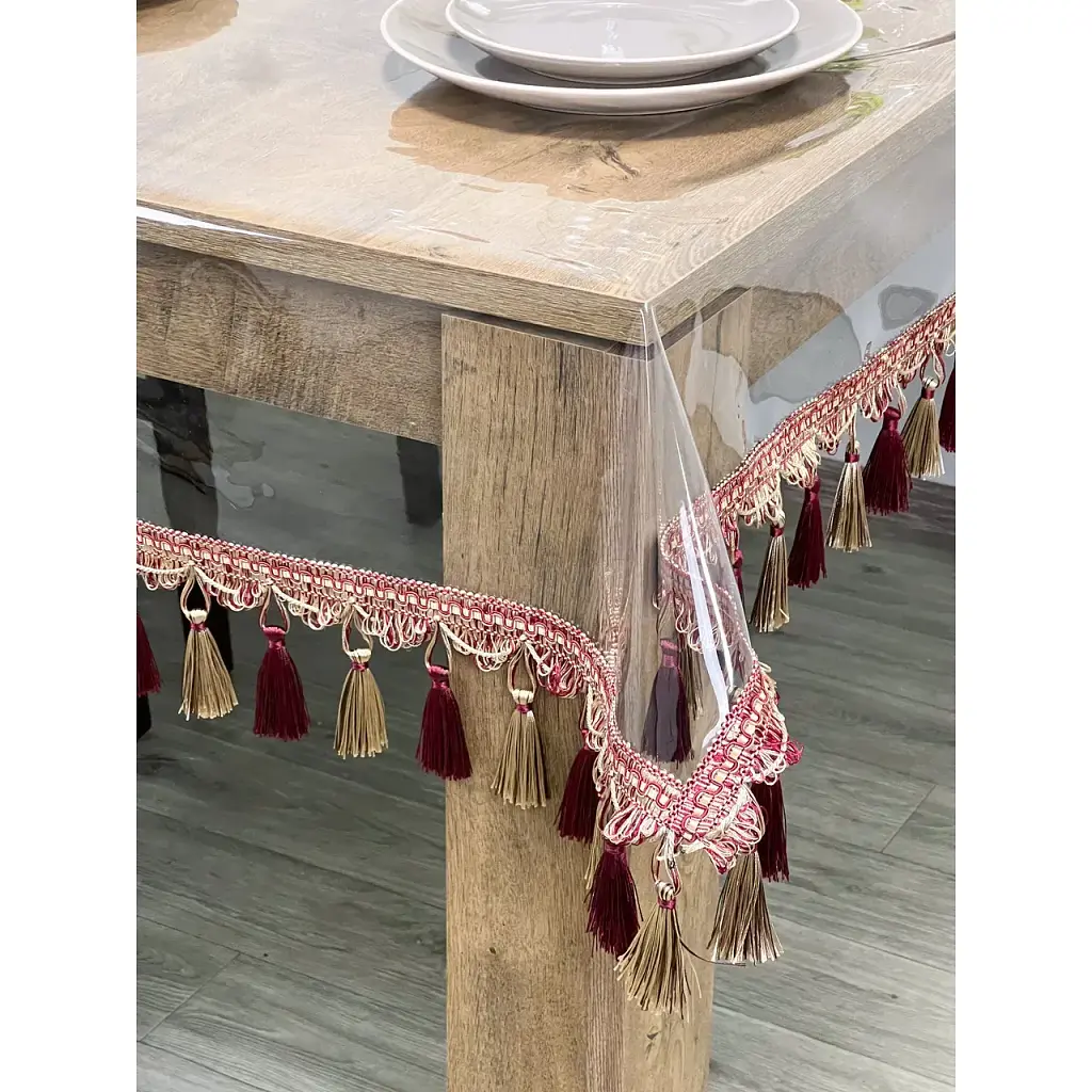 Скатертина силіконова з бордово-молочною бахромою 350х190 см - фото 1