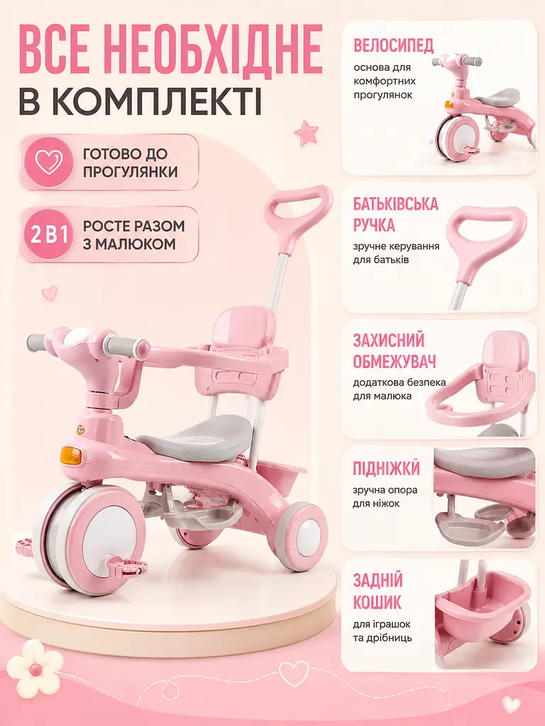 Дитячий триколісний велосипед-коляска 2 в 1 із батьківською ручкою, захисним бампером, підніжкою та кошиком, рожевий (49676101), - фото 7