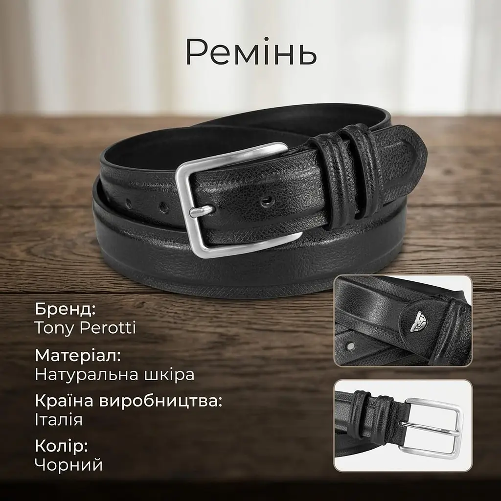 Чоловічий брючний ремінь Tony Perotti з натуральної шкіри 747/35 NERO (90363) чорний 115-130 см - фото 3