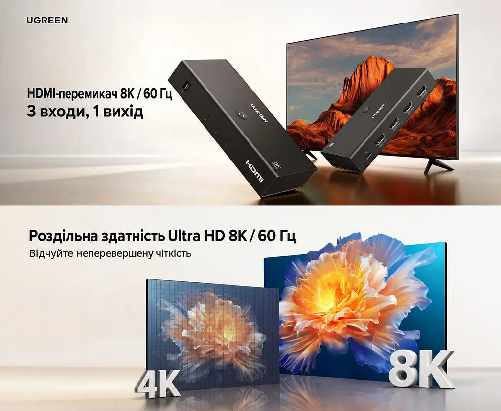 HDMI-перемикач UGREEN CM624 3 входи HDMI та 1 вихід HDMI HDMI 2.1 до 8K 60 Гц та 4K 240 Гц (95521) - фото 12