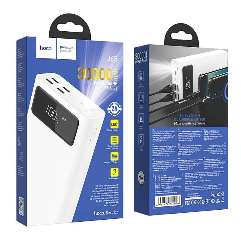 УМБ Hoco General LED Display power bank J65 30000mAh 4USB/Lightning/Type-C 2А - фото 7