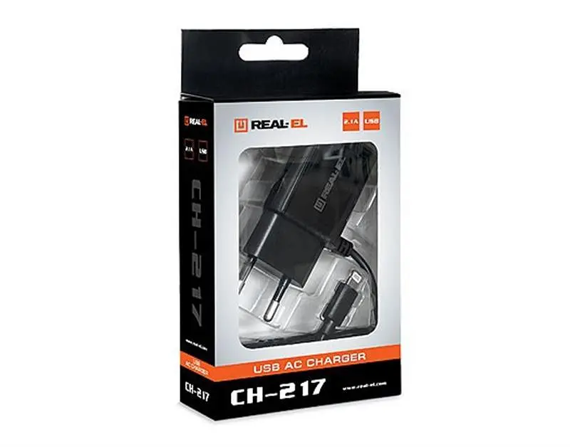 Мережевий зарядний пристрій REAL-EL CH-217 (2USB, 2.1A) Чорний + кабель Lightning - фото 7