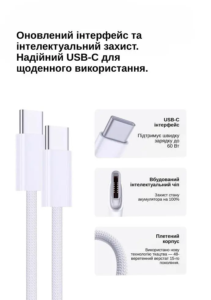 Кабель XON SmartCable Type-C - Type-C PD 60W 2м MaxCharge (SC602C6W2W 3299) Білий - фото 3